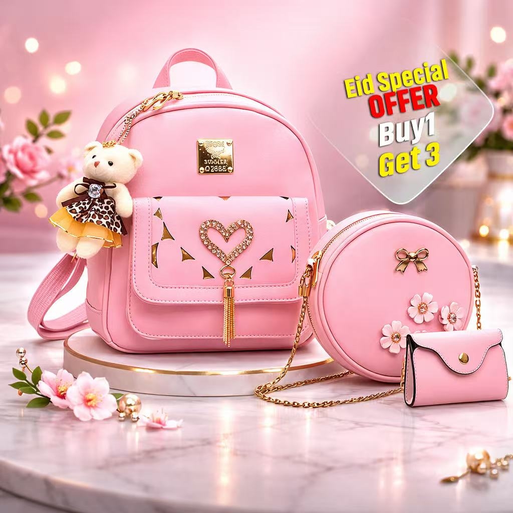 কিউট গার্লস ব্যাকপ্যাক সেট (৪ ইন ১) – স্টাইলিশ স্কুল ও ট্রাভেল ব্যাগ উইথ স্লিং ও ওয়ালেট product image