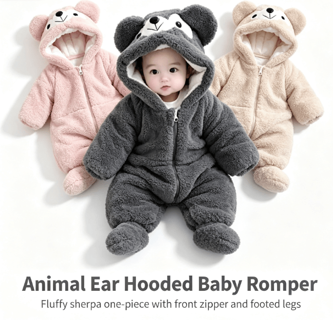 Cute Teddy Bear Fleece Hooded Baby Romper Snowsuit product image